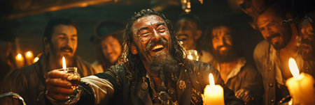 man stands holding a lit candle in front of a diverse group of people, casting a warm glow on their faces as they watch in fascination.の素材