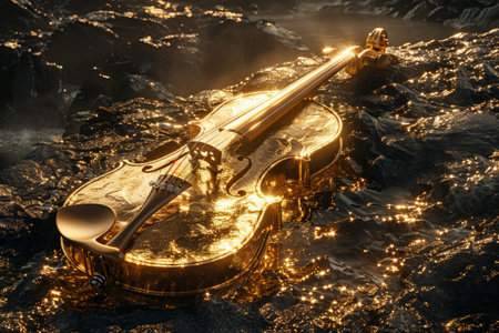 golden violin effortlessly hovers above tranquil waters, creating an ethereal and serene scene of musical magic.の素材