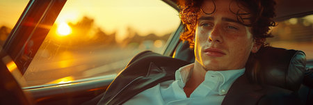 man sits peacefully in his car as the sun sets, creating a serene scene of contemplation and tranquility.の素材