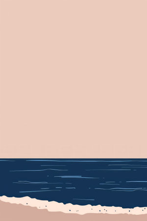 A simple illustration of a calm ocean meeting a sandy beach against a pastel pink sky.の素材