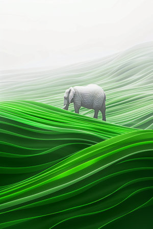 minimalist image featuring a white elephant walking across a green, undulating landscape. The background is soft and hazy.の素材