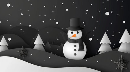 papercraft snowman with a top hat and scarf stands in a winter landscape, surrounded by snow-covered trees and falling snowflakes.の素材