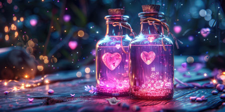 Two purple glass bottles adorned with hearts, capturing the essence of magic and love.の素材