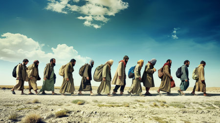 group of people, including Prophet Moses, walk in a line through a barren desert landscape. They carry belongings and wear simple clothing.の素材
