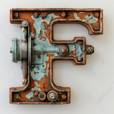 old, weathered metal letter F stands alone on a white background, showcasing its years of neglect and rust.の素材