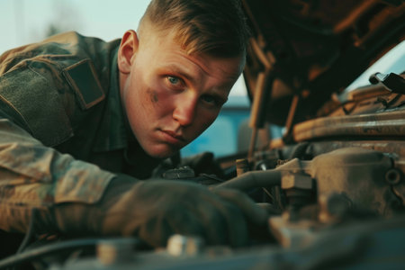A man in uniform is diligently working on repairing a car engine.の素材