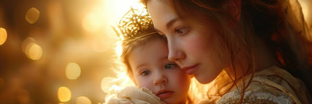 A woman tenderly holds a small child in her arms, reminiscent of the Holy Virgin Mary and baby Jesus Christ.の素材