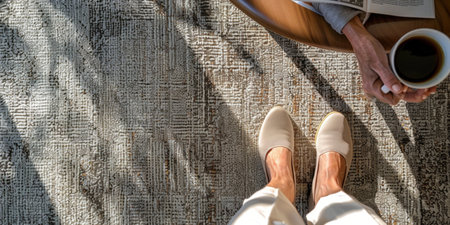 stylish young woman is sitting on a table in an office setting, enjoying a cup of coffee.の素材