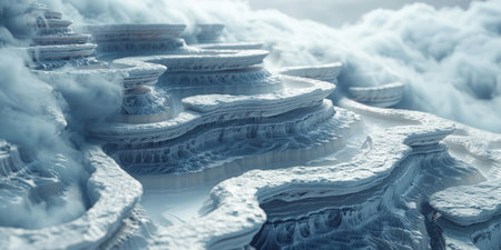 surreal city of snow and ice floats amongst the clouds, featuring intricate buildings and structures made entirely of frozen elements.の素材