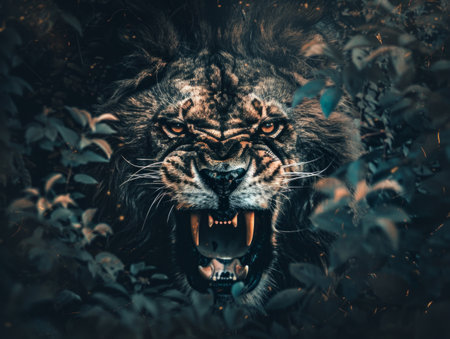 mighty creature, a mix between a lion and a bear, stands majestically with its mouth wide open, emitting a powerful roar.の素材