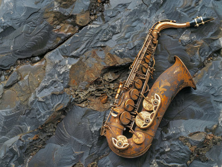 elegant, old golden saxophone rests gracefully on a smooth, black marble surface in a serene and picturesque setting.の素材