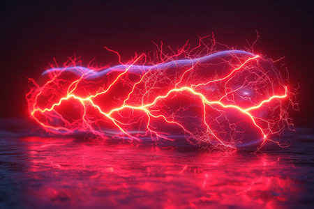 car is intensely illuminated by a barrage of lightning strikes against a blank background, creating a dramatic and electrifying scene.の素材