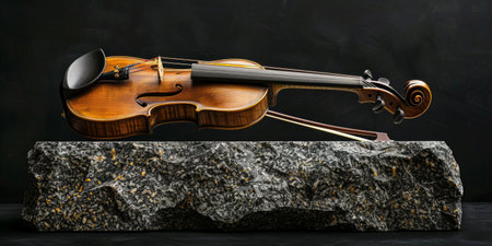 golden violin elegantly rests on top of a black marble rock, exuding an aura of musical enchantment and artistic beauty.の素材