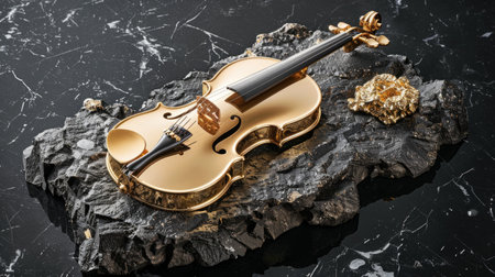 golden violin gracefully rests on top of a black marble rock, creating a striking contrast between the elegant instrument and the rugged surface.の素材