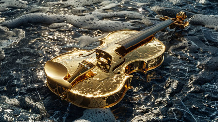 golden violin gracefully floats on the tranquil surface of the water, exuding an aura of musical harmony and artistic elegance.の素材