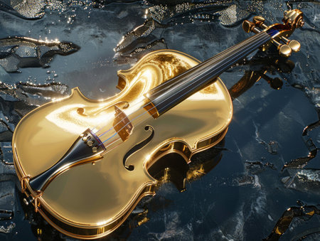golden violin gracefully floats on top of a body of water, creating a stunning and surreal sight against the black marble backdrop.の素材