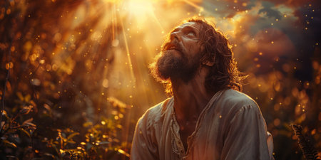 Jesus, with eyes closed and arms outstretched, looks upwards towards the heavens, bathed in a warm, golden light.の素材