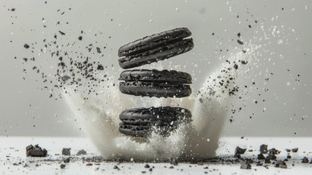 Three black macarons fall through the air, creating a dramatic splash of powdered sugar as they land.の素材