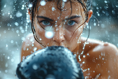 female boxer trains in the rain, her face determined as she throws a punch.の素材