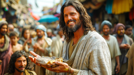 Jesus Christ, surrounded by a crowd of people in a bustling marketplace, smiles warmly as he holds out a loaf of bread.の素材