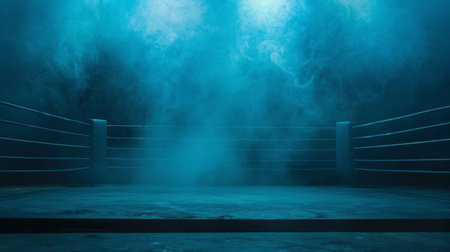 boxing ring sits empty, shrouded in a low-key atmosphere of smoke and dramatic spotlights. The air is thick with anticipation.の素材