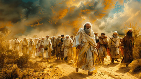 Prophet Moses leads the Israelites through the desert, their journey marked by a sense of hope and uncertainty.の素材