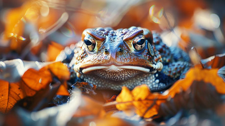 frog with large, dark eyes sits amidst a bed of vibrant orange leaves, its gaze focused on the viewer.の素材