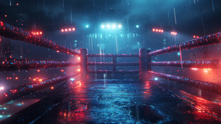 boxing ring stands bathed in the glow of a rainy night, the ropes glistening with water droplets.の素材
