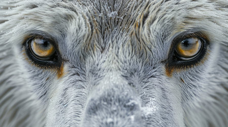 A close-up of a bears eyes, their golden irises reflecting the harsh winter light. The fur surrounding the eyes is thick and white, creating a stark contrast.の素材