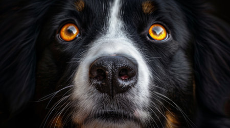 close-up of a dogs face, capturing the intensity of its amber eyes. The dog is looking directly at the camera, seemingly pondering something with a hint of playful curiosity.の素材