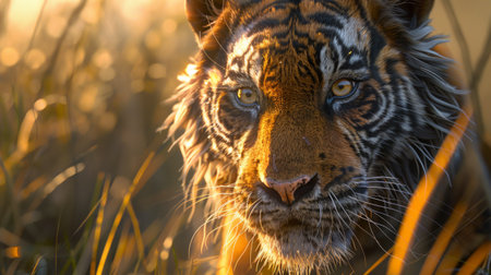 close-up of a tigers face, its amber eyes piercing through the tall grass, bathed in the warm glow of the setting sun.の素材
