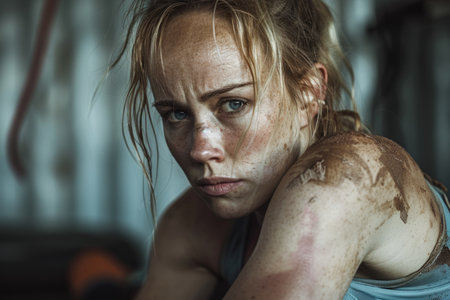 close-up portrait of a young female boxer, her face covered in dirt and sweat, looking intensely at the camera.の素材