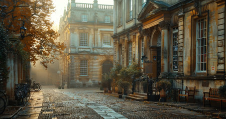 stone path leads through a fog-filled street, revealing ancient buildings on either side.の素材