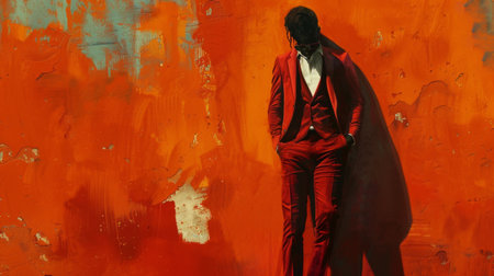 man in a crimson suit stands against a vibrant orange background, his posture suggestive of both confidence and introspection.の素材