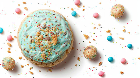 cyan macaron sits on a white background, surrounded by scattered sprinkles and candy.の素材