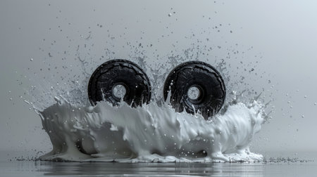 Two black wheels fall through a white liquid, creating a dramatic splash with water droplets in the air.の素材