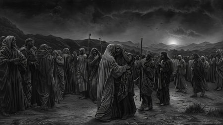 Jesus is embraced by a follower as a group of men with torches and swords approach him. The image depicts a moment of immense sadness and betrayal in the Garden of Gethsemane.の素材