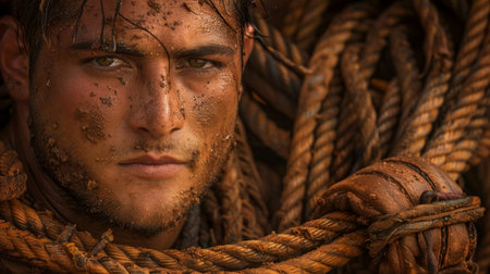 close-up portrait of a male athlete, his face covered in mud, eyes focused intensely, amidst a tangle of rough ropes.の素材