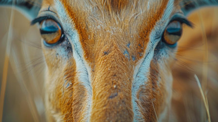 intense gaze of a wild antelope, captured in a close-up shot, revealing its mesmerizing brown and blue eyes.の素材