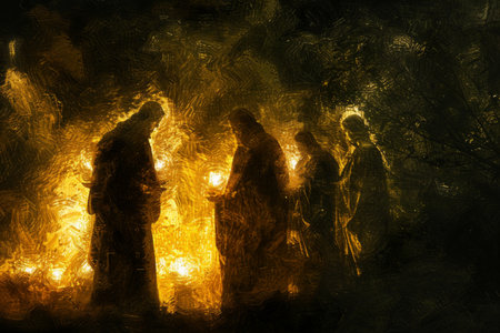 group of shepherds stand in awe and reverence, illuminated by the soft glow of a night sky, as they witness the birth of Jesus Christ.の素材