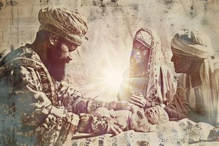 wise man kneels and gazes upon the infant Jesus, bathed in a golden light, while Mary and another wise man look on.の素材