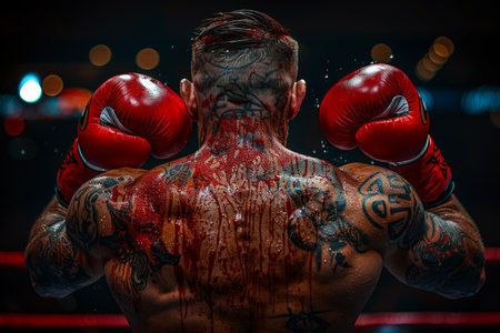victorious boxer, drenched in sweat and blood, raises their arms in triumph, their back adorned with intricate tattoos and a testament to the battles fought in the ring.の素材