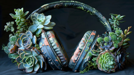 pair of headphones, covered in vibrant succulents, sit against a dark backdrop.の素材
