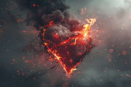 heart, crafted from stone, burns fiercely against a backdrop of swirling smoke and embers.の素材