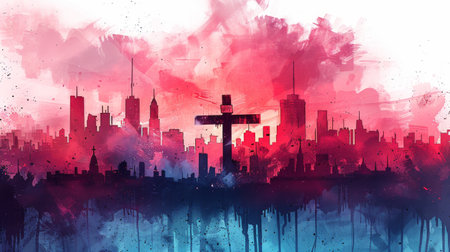 watercolor painting of a cityscape with a cross standing tall in the center, with a pink and red sunset behind it.の素材