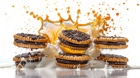 Cookies in mid-air, surrounded by a splash of milk and cream, creating a delicious and dynamic composition.の素材