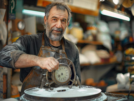 man, wearing a leather apron, works at his market stall, carefully weighing sugar on an antique scale.の素材