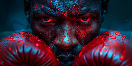 boxer, drenched in sweat and illuminated by the harsh glare of spotlights, stares intensely through the red glow of his gloves.の素材
