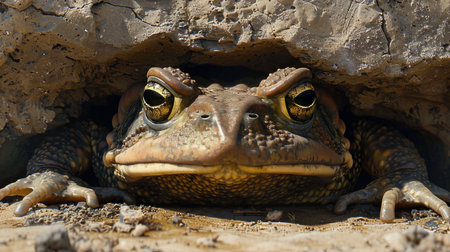 large toad peeks from beneath a rock, its golden eyes focused intently.の素材