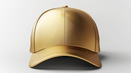 close-up shot of a gold baseball cap on a plain white background. The cap is shiny and smooth, with a subtle sheen.の素材